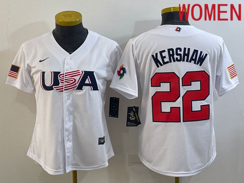 Women 2023 World Cub USA 22 Kershaw White Nike MLB Jersey2
